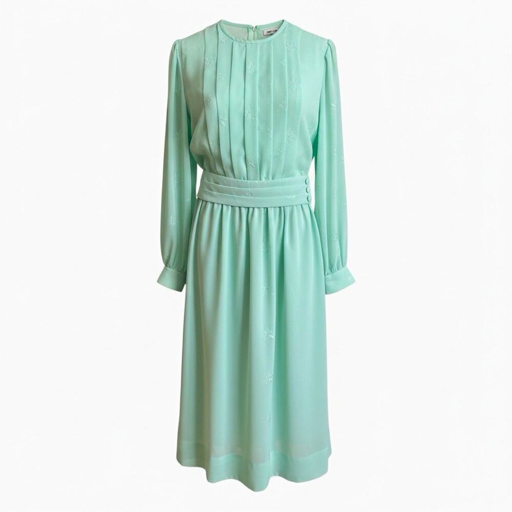 Vintage 70s 80s Mint Green Floral Embroidered Midi Dress Belted Bishop Sleeve M